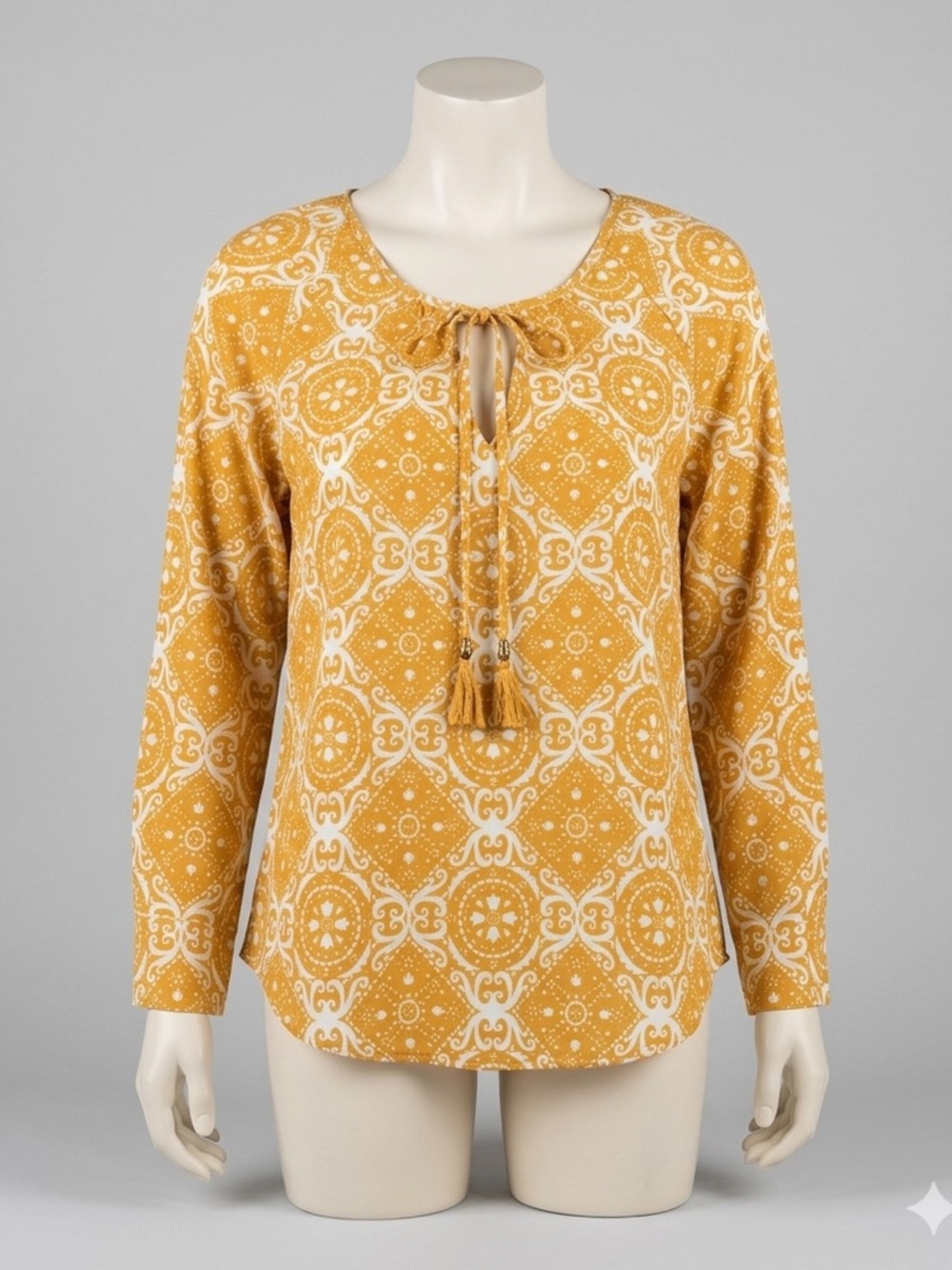 Tie-Neck Long Sleeve Tunic in Mustard Medallion Print NWT